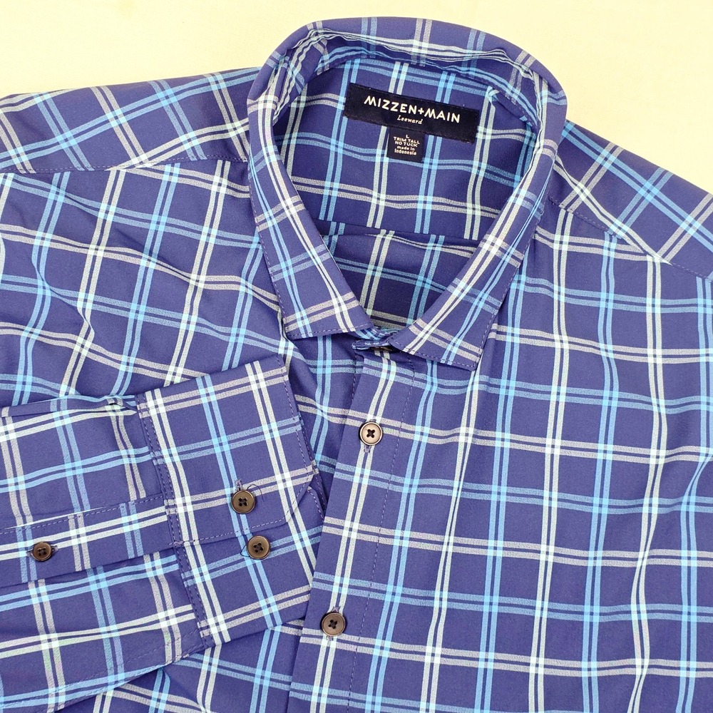 Mizzen+Main Button Down Men L Tall Blue Plaid Leeward No Tuck Performance Shirt